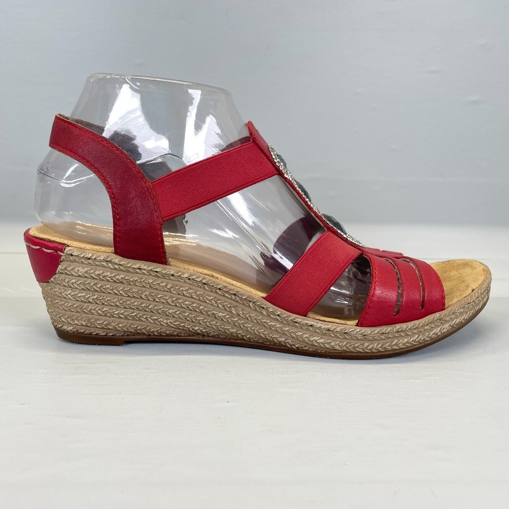 Rieker Wedge Sandals Womens Size 40 US 8.5 Red Leather Slip On Strappy Shoes